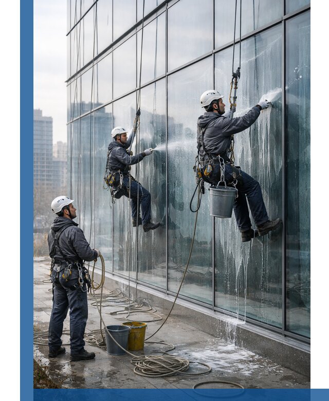 Промышленная мойка панорамных окон на высоте в Железнодорожном