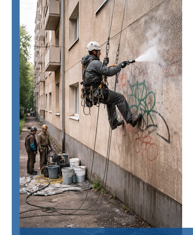 Удаление граффити с фасада в Железнодорожном без следов и повреждений