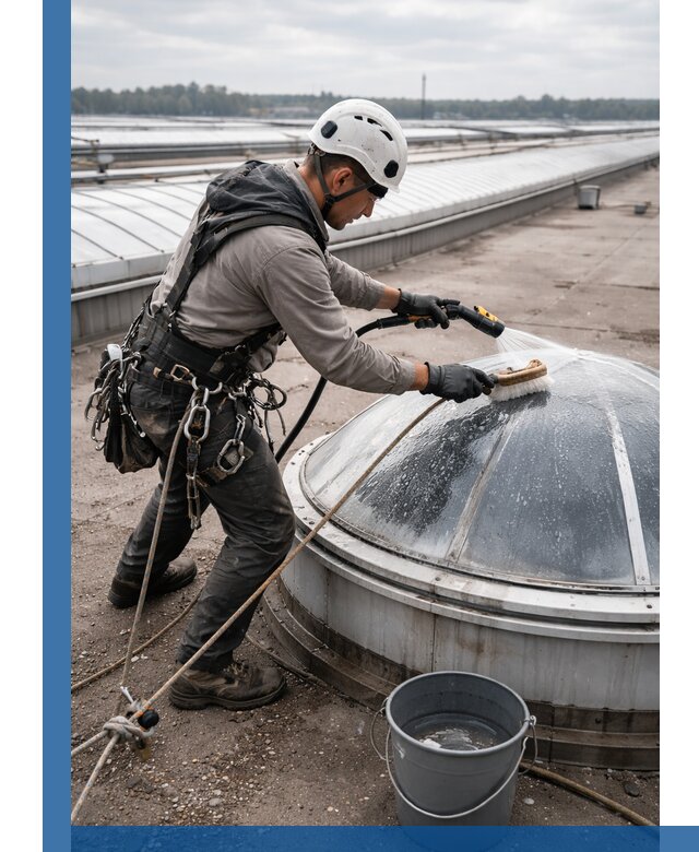 Мойка зенитных фонарей на кровле для промышленных объектов в Железнодорожном