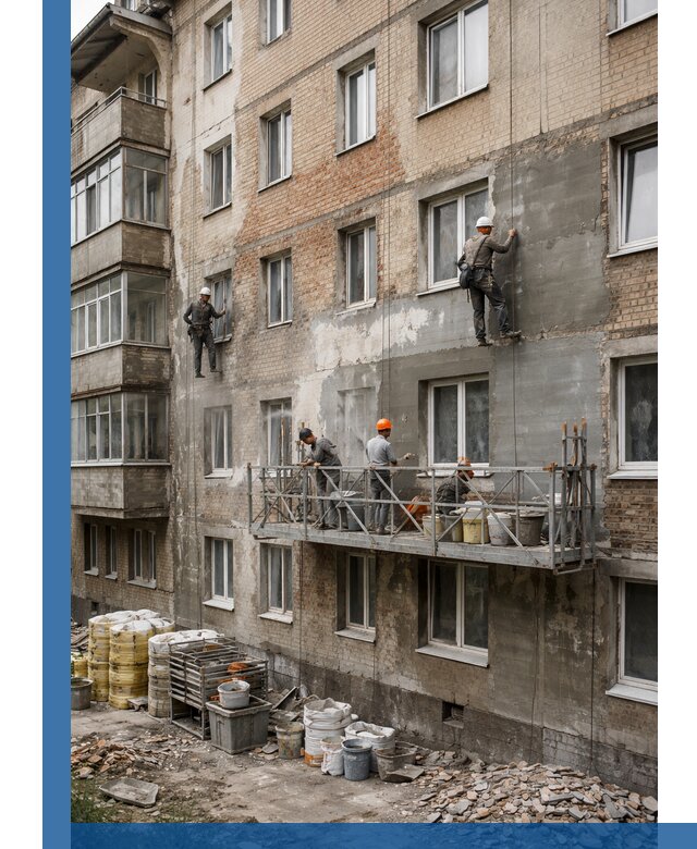 Капитальный ремонт фасада в Железнодорожном с восстановлением и гидроизоляцией