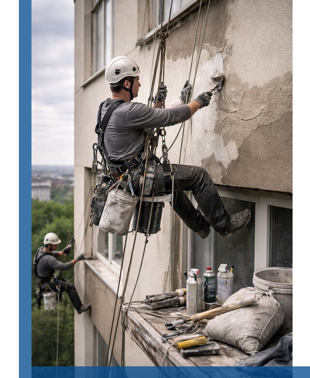 Косметический ремонт фасада зданий в Железнодорожном промышленными альпинистами