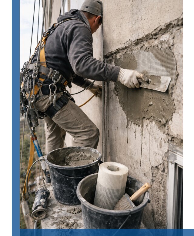 Ремонт бетонных элементов фасада промышленными альпинистами в Железнодорожном