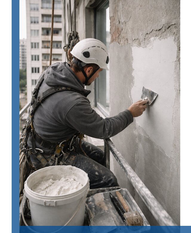 Шпаклевка фасадов на высоте с промальпинистами в Железнодорожном