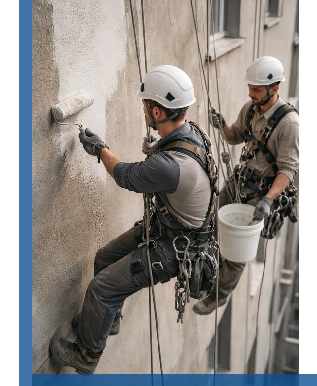 Грунтовка фасада на высоте в Железнодорожном промышленными альпинистами