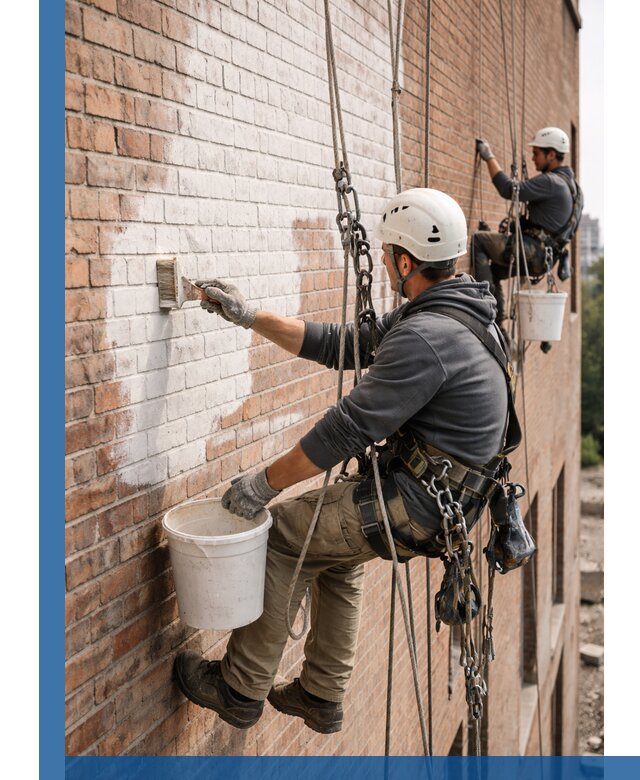 Покраска кирпичного фасада с доступным альпинистским сервисом в Железнодорожном