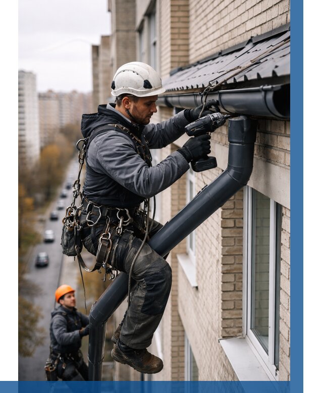 Монтаж водосточной системы на здании в Железнодорожном от 5127 р. | ВЫСОТНИК-Жлз