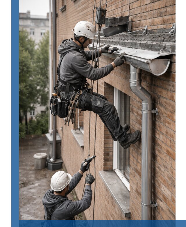 Монтаж водосточной системы на здании в Железнодорожном под ключ