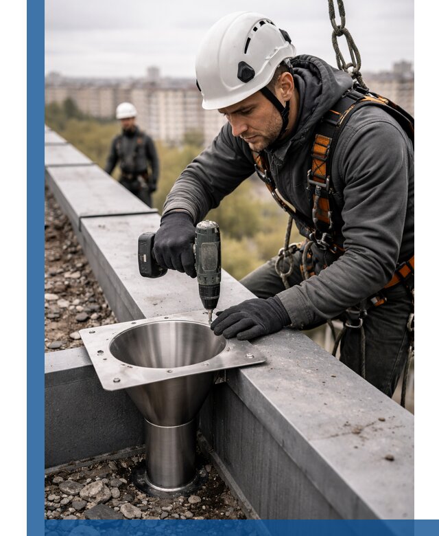 Монтаж водосточных воронок в Железнодорожном для промышленных зданий