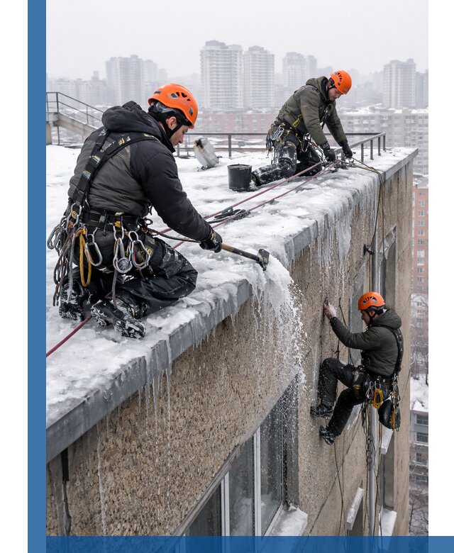 Удаление наледи с кровли в Железнодорожном промышленными альпинистами