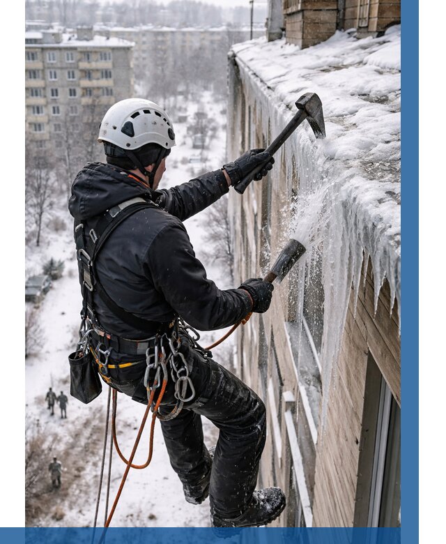 Сбивание сосулек с крыши в Железнодорожном по цене от 4614 р. | ВЫСОТНИК-Жлз