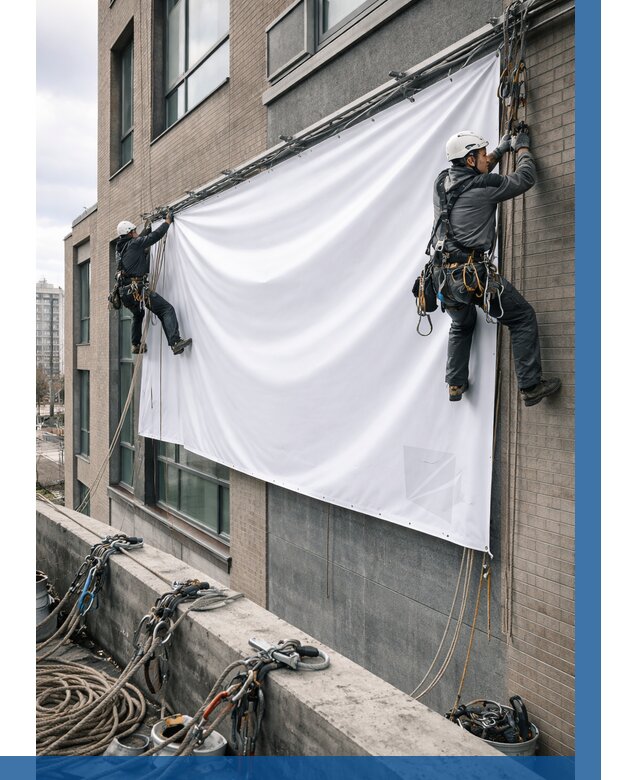 Монтаж баннеров на фасаде в Железнодорожном от 667 р. заказать ВЫСОТНИК-Жлз