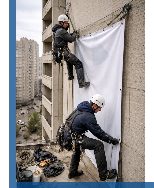 Профессиональный монтаж баннеров на фасаде в Железнодорожном