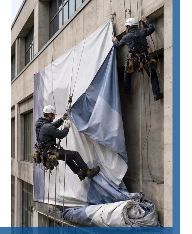 Демонтаж баннеров с фасада в Железнодорожном от 4614 р. | ВЫСОТНИК-Жлз