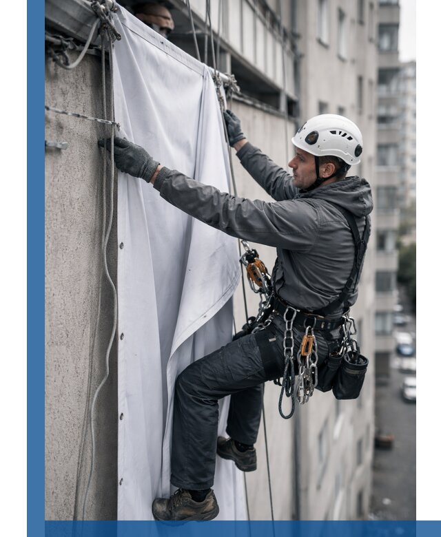 Замена баннерного полотна промышленными альпинистами в Железнодорожном