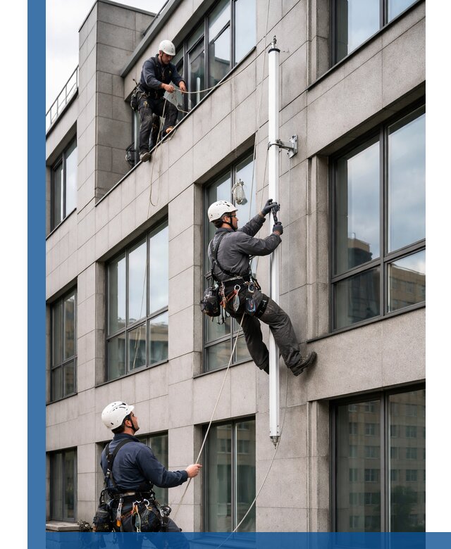 Монтаж флагштока на фасаде здания с креплением и герметикой в Железнодорожном