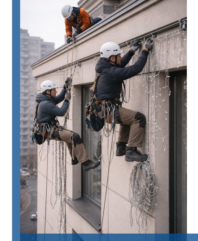 Монтаж праздничных гирлянд на фасаде в Железнодорожном для зданий