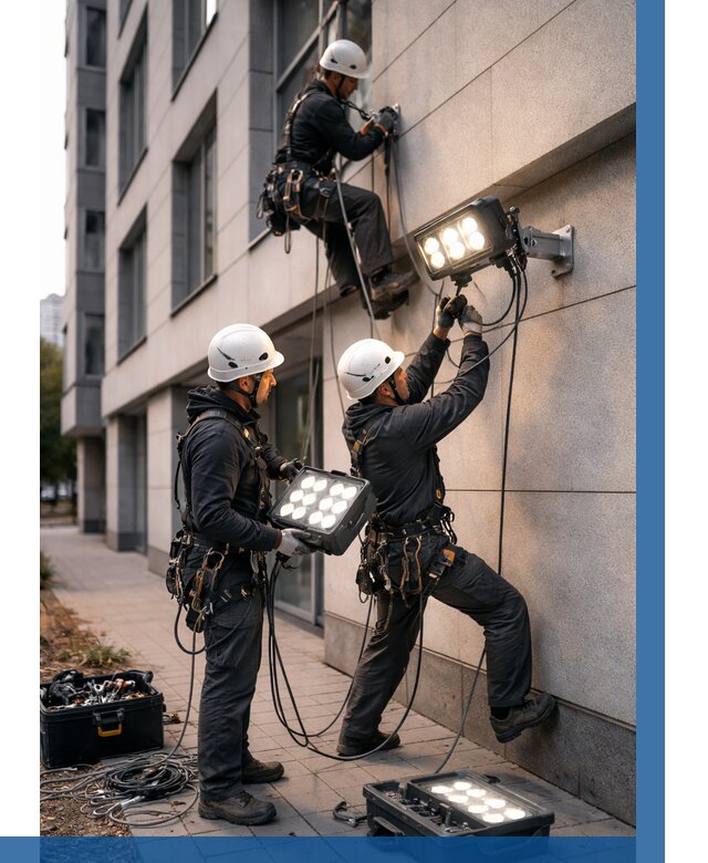 Монтаж прожекторов на фасаде в Железнодорожном от 7691 р. | ВЫСОТНИК-Жлз