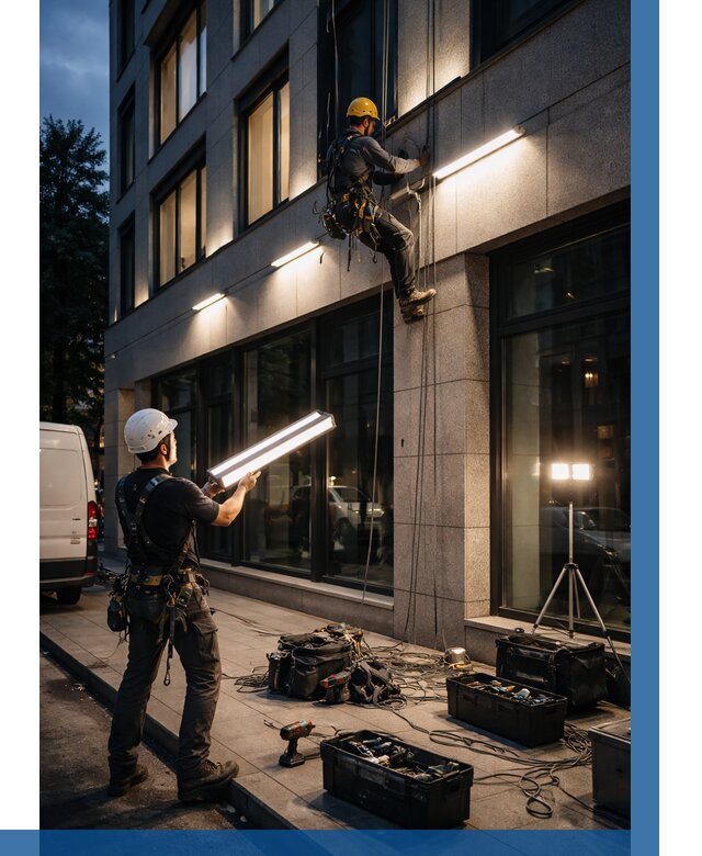 Монтаж архитектурной подсветки здания в Железнодорожном от 2564 р.|ВЫСОТНИК-Жлз