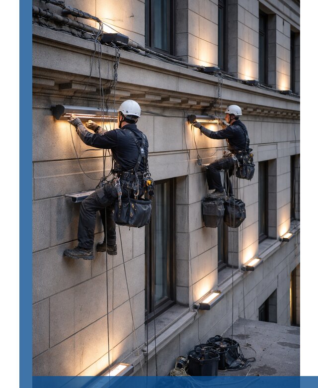 Монтаж архитектурной подсветки фасадов зданий в Железнодорожном