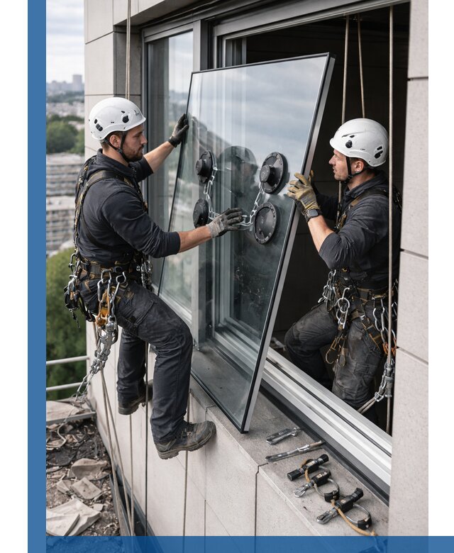 Замена стеклопакетов на высоте с промышленными альпинистами в Железнодорожном