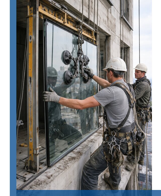 Монтаж стеклопакетов на высоте в Железнодорожном с промышленным альпинизмом