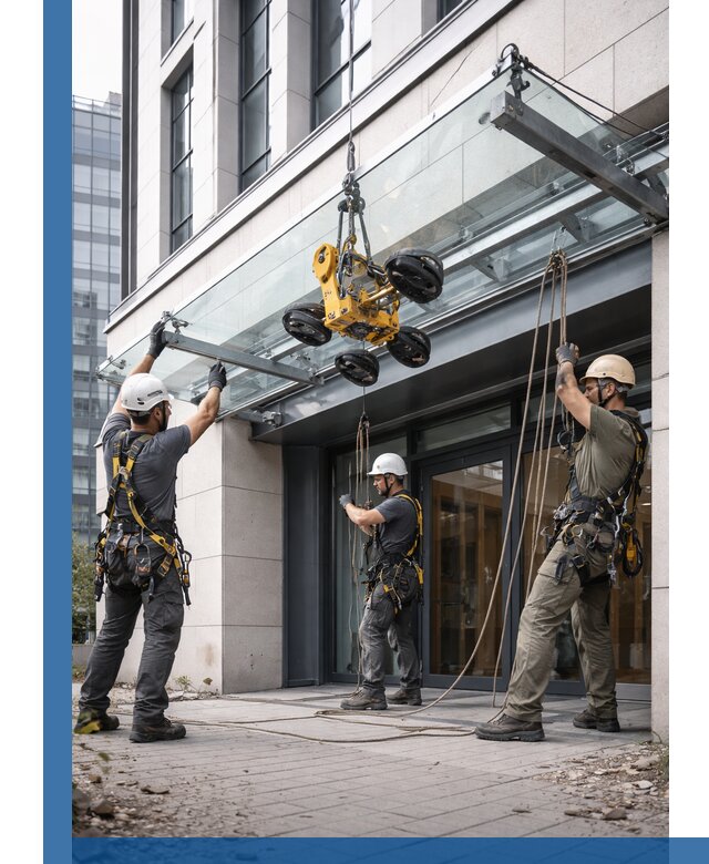 Монтаж стеклянных козырьков под ключ в Железнодорожном для зданий