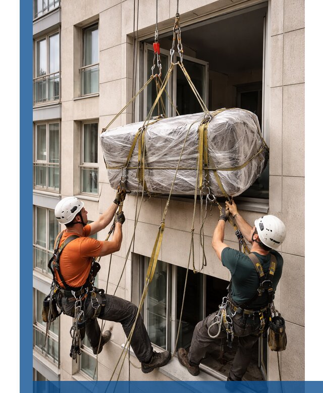 Подъем грузов через окно в Железнодорожном промышленными альпинистами