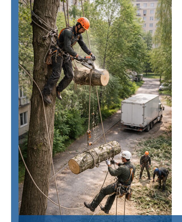 Спил деревьев альпинистами в Железнодорожном, безопасно и без повреждений