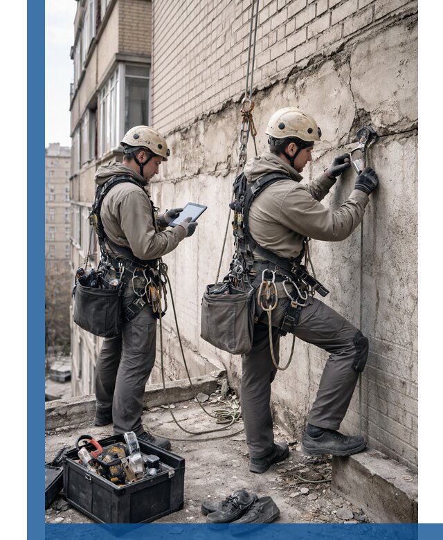 Обследование фасада промышленными альпинистами в Железнодорожном